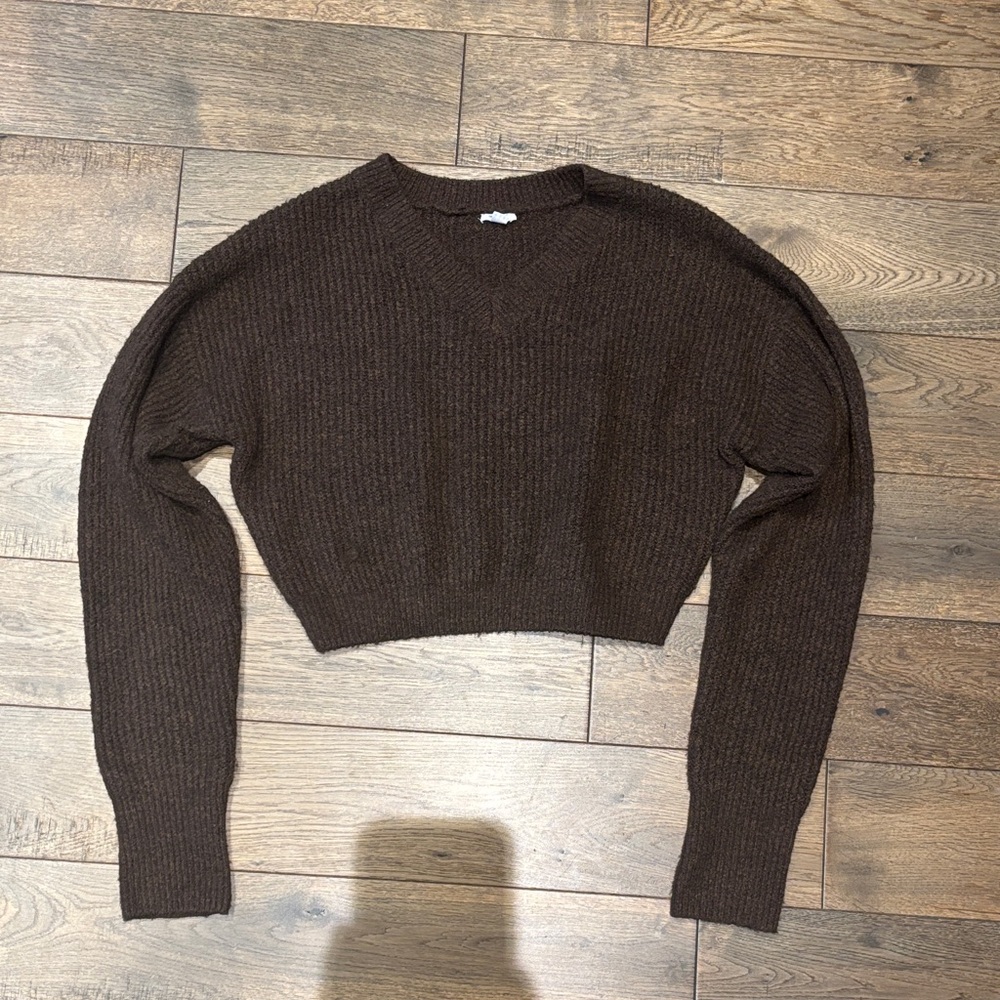 Garage Dark Brown Ribbed Cropped Crewneck Sweater
